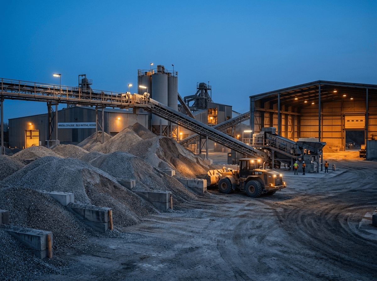Bulk mineral material stockpile with processing plant and front loader