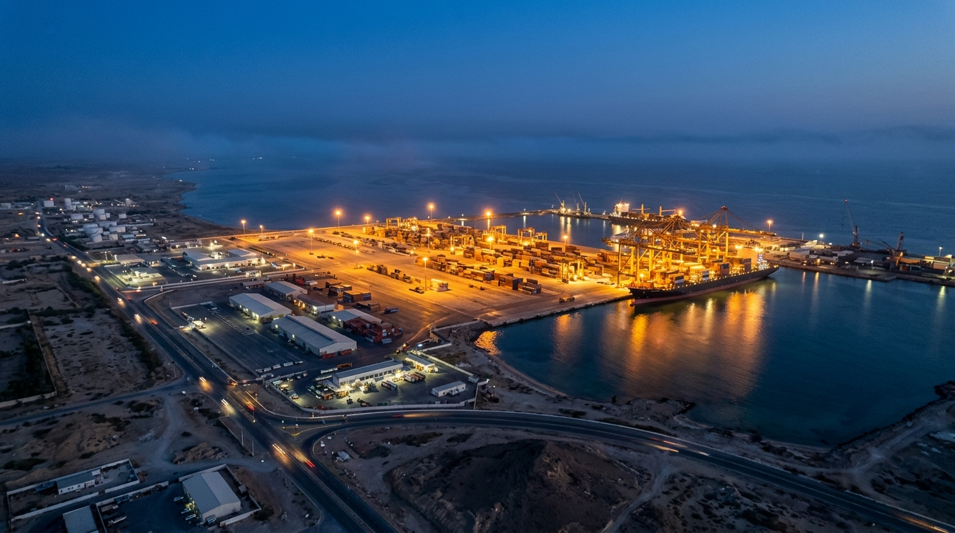 Berbera port at dusk with cargo ships and gantry cranes