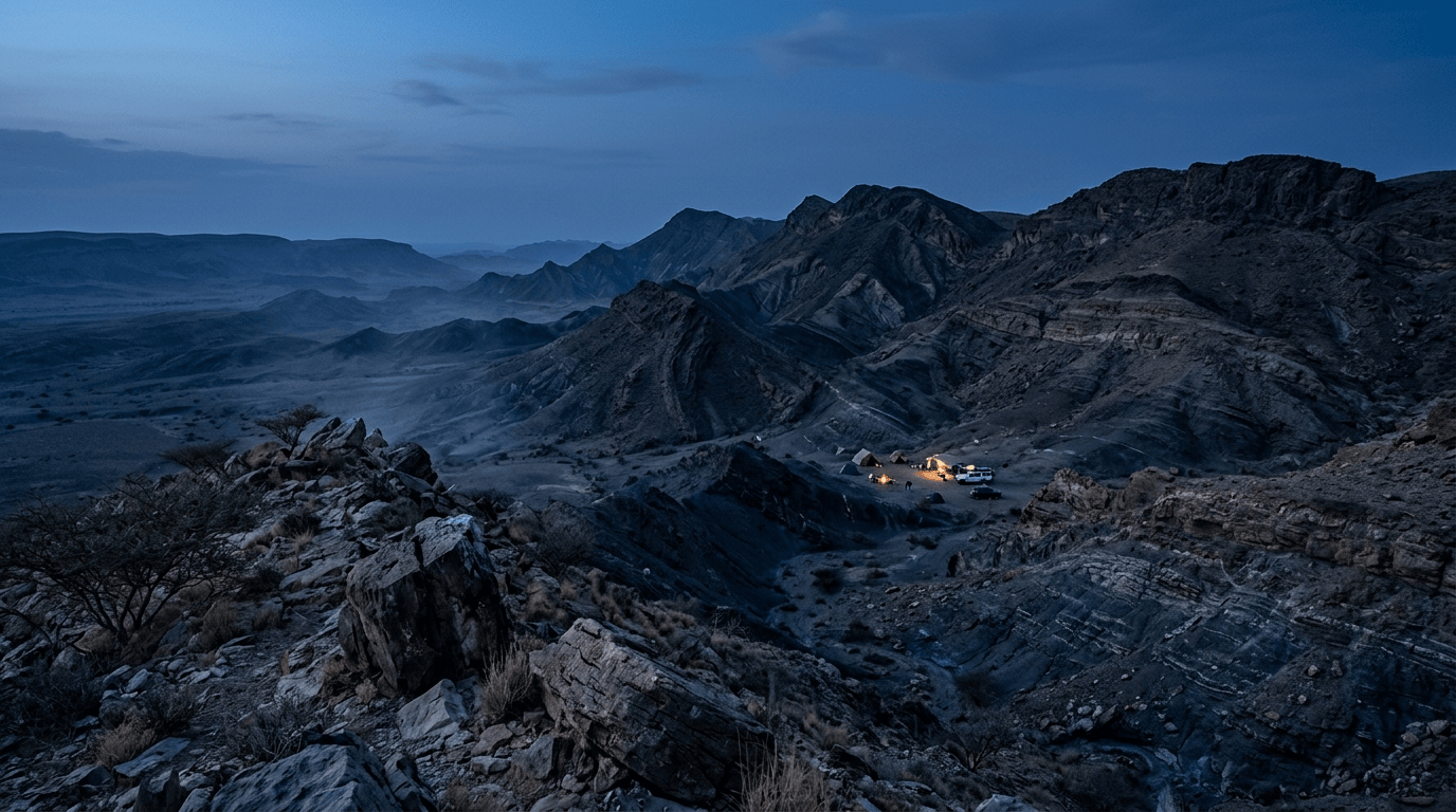 Mountainous geological landscape with a field survey camp at dusk