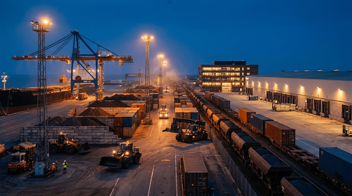 Corridorway operations building alongside port cargo yard at night, Berbera